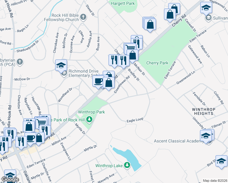 map of restaurants, bars, coffee shops, grocery stores, and more near 1120 Cherry Road in Rock Hill