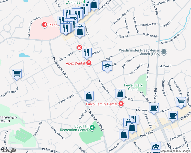 map of restaurants, bars, coffee shops, grocery stores, and more near 1435 Ebenezer Road in Rock Hill