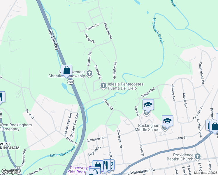 map of restaurants, bars, coffee shops, grocery stores, and more near 36 Bunker Street in Rockingham