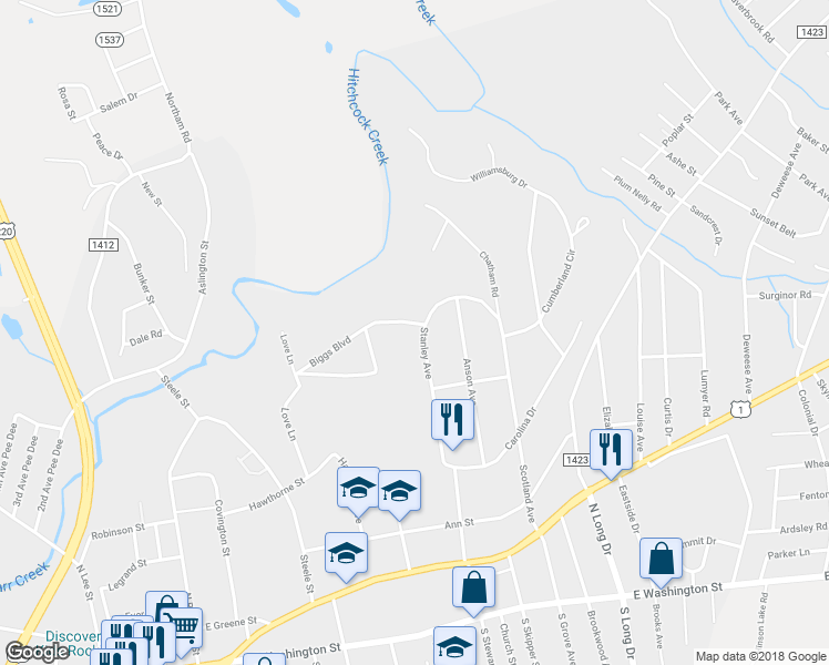 map of restaurants, bars, coffee shops, grocery stores, and more near 623 Stanley Avenue in Rockingham