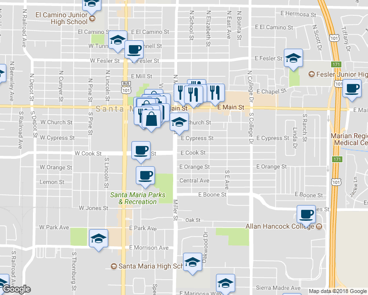 map of restaurants, bars, coffee shops, grocery stores, and more near 415 East Cook Street in Santa Maria