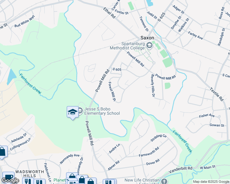 map of restaurants, bars, coffee shops, grocery stores, and more near 19 Forest Mill Street in Spartanburg