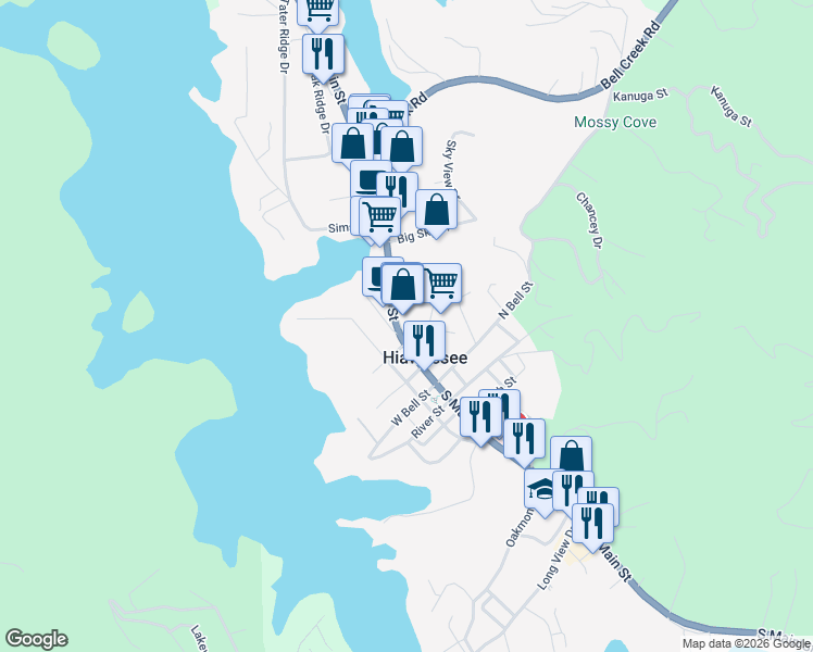 map of restaurants, bars, coffee shops, grocery stores, and more near 130 North Main Street in Hiawassee
