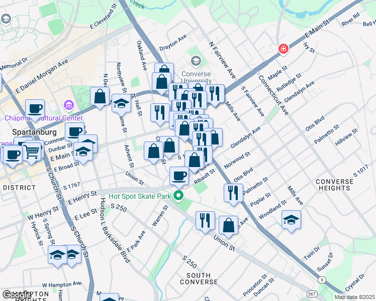 map of restaurants, bars, coffee shops, grocery stores, and more near 172 South Pine Street in Spartanburg