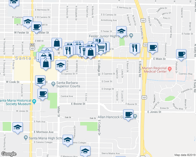 map of restaurants, bars, coffee shops, grocery stores, and more near 319 South College Drive in Santa Maria