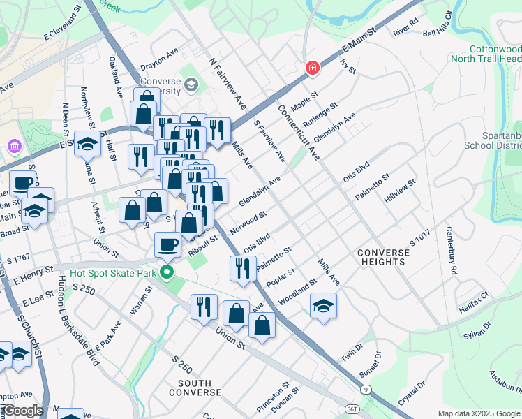 map of restaurants, bars, coffee shops, grocery stores, and more near 530 Norwood Street in Spartanburg