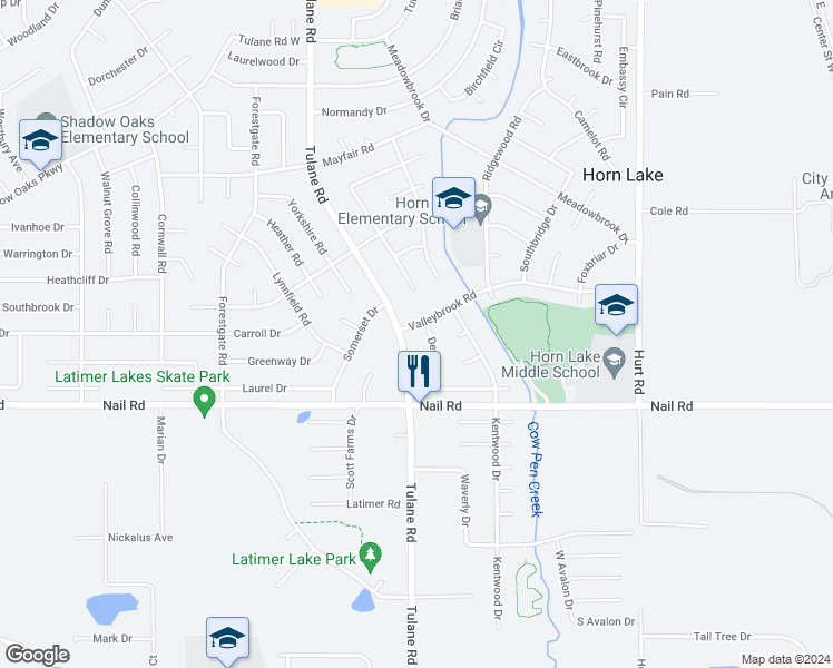 map of restaurants, bars, coffee shops, grocery stores, and more near 2985 Valleybrook Road in Horn Lake