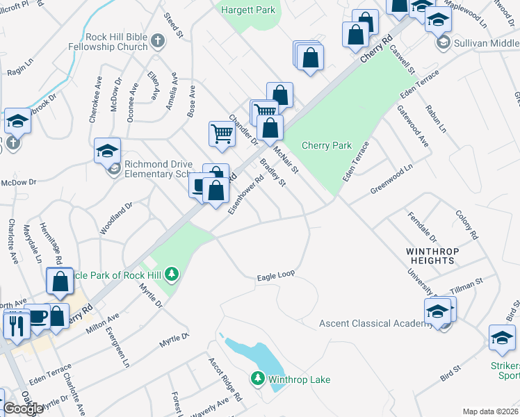 map of restaurants, bars, coffee shops, grocery stores, and more near 1211 Eden Terrace in Rock Hill