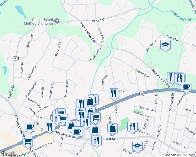map of restaurants, bars, coffee shops, grocery stores, and more near 107 Burch Drive in Greer