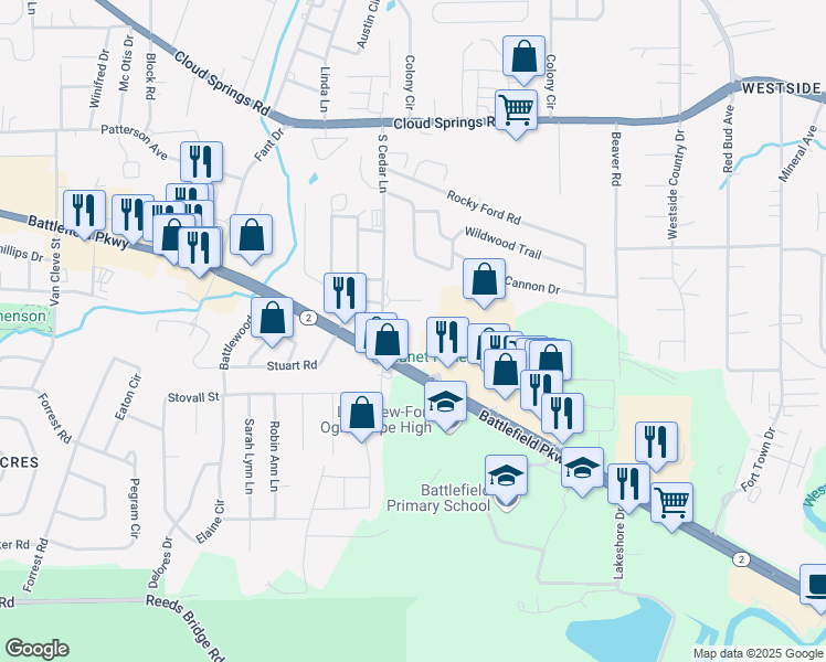 map of restaurants, bars, coffee shops, grocery stores, and more near 2212 South Cedar Lane in Fort Oglethorpe