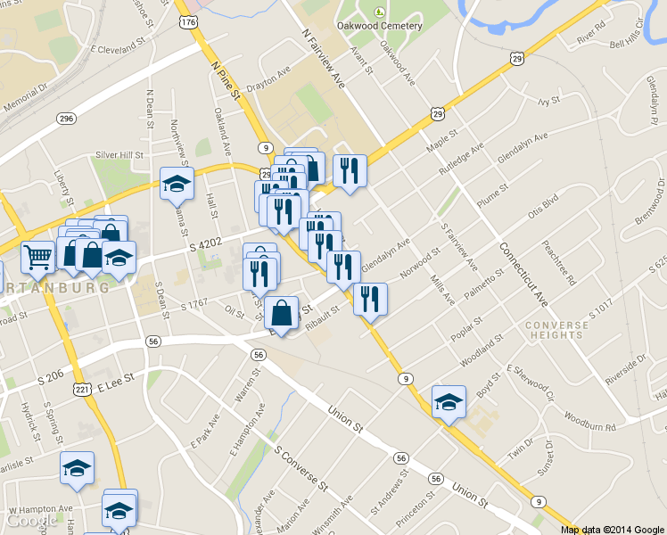 map of restaurants, bars, coffee shops, grocery stores, and more near 203 South Pine Street in Spartanburg
