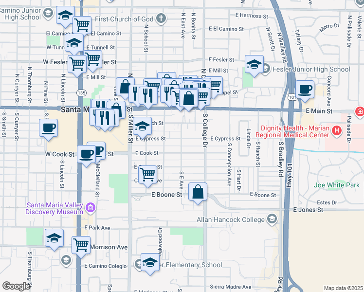 map of restaurants, bars, coffee shops, grocery stores, and more near 623 East Cook Street in Santa Maria