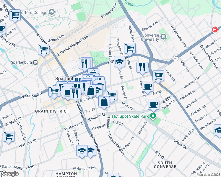 map of restaurants, bars, coffee shops, grocery stores, and more near 247 East Main Street in Spartanburg