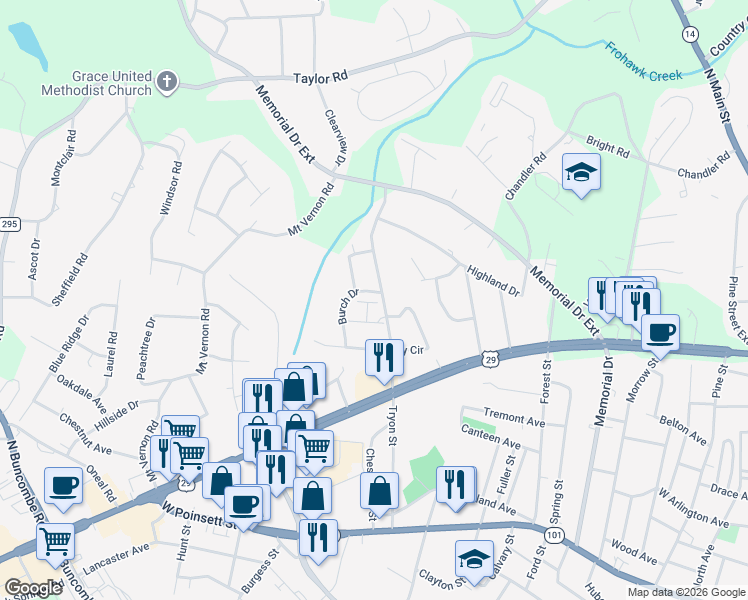 map of restaurants, bars, coffee shops, grocery stores, and more near 305 Tryon Street in Greer