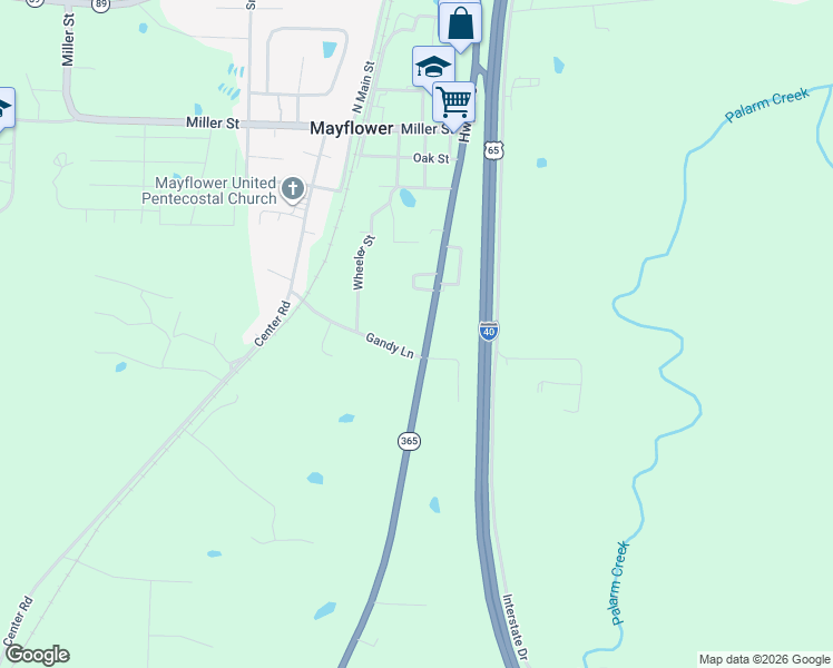 map of restaurants, bars, coffee shops, grocery stores, and more near 1 Gandy Lane in Mayflower