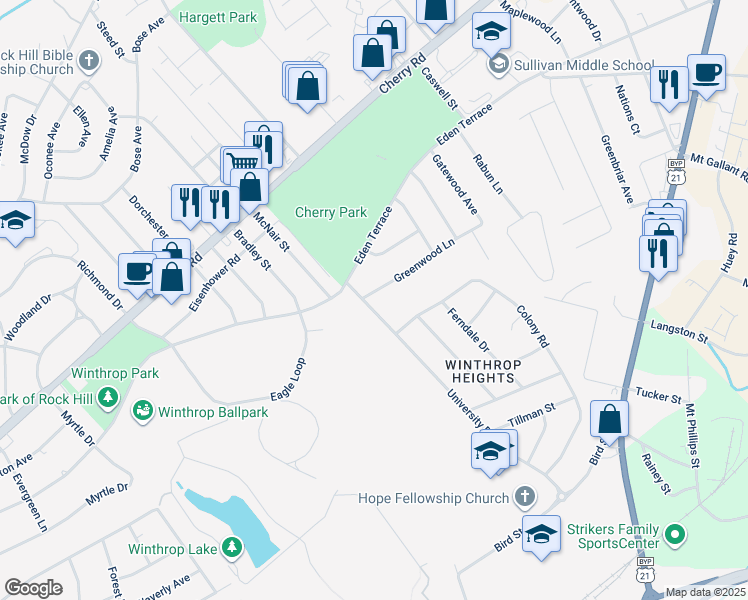 map of restaurants, bars, coffee shops, grocery stores, and more near 722 University Drive in Rock Hill