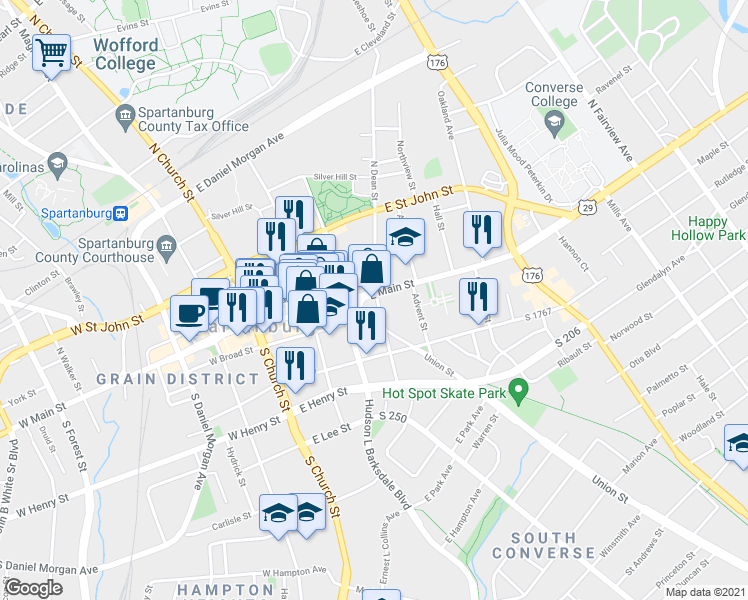 map of restaurants, bars, coffee shops, grocery stores, and more near 110 South Dean Street in Spartanburg