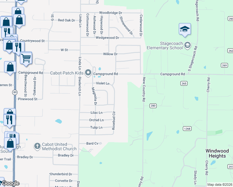 map of restaurants, bars, coffee shops, grocery stores, and more near 88 Rosebud Circle in Cabot