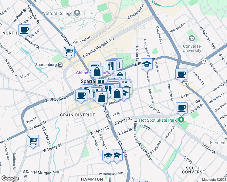 map of restaurants, bars, coffee shops, grocery stores, and more near 155 Dunbar Street in Spartanburg