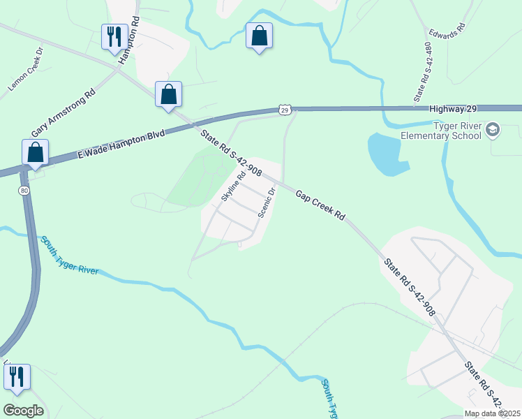 map of restaurants, bars, coffee shops, grocery stores, and more near 119 Center Drive in Greer