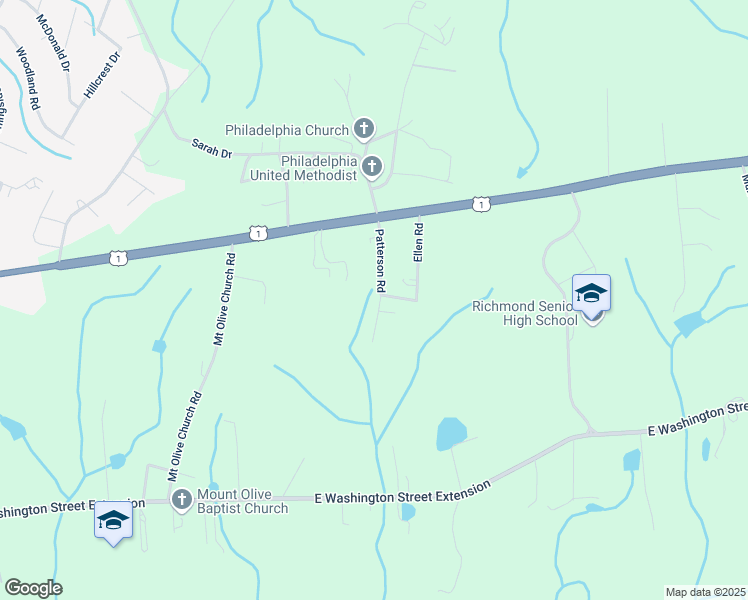 map of restaurants, bars, coffee shops, grocery stores, and more near 145 Patterson Road in Rockingham
