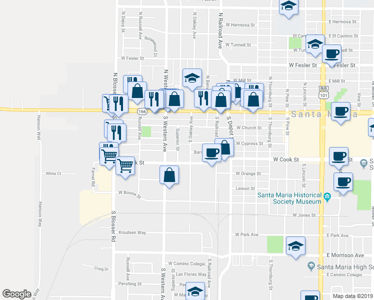 map of restaurants, bars, coffee shops, grocery stores, and more near 845 West Cook Street in Santa Maria