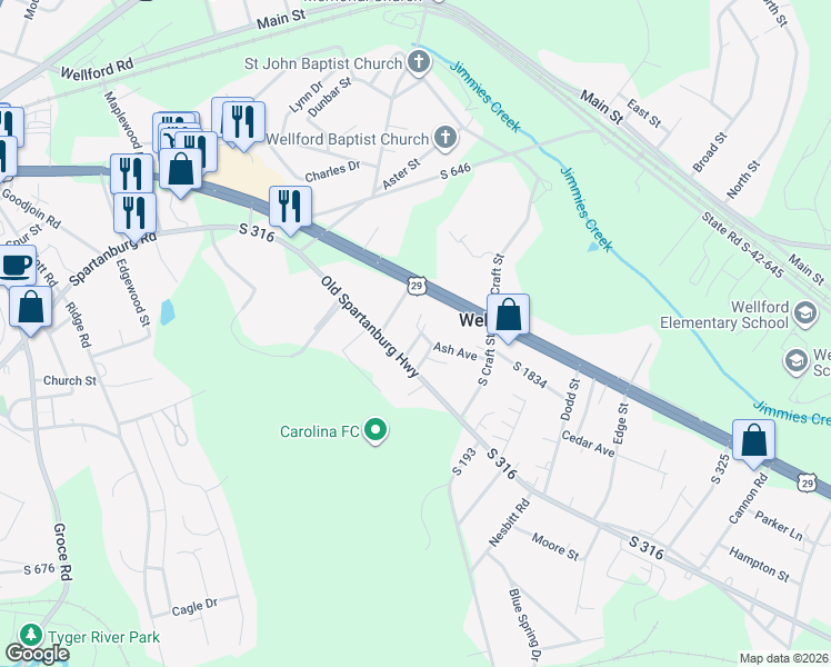map of restaurants, bars, coffee shops, grocery stores, and more near 1026 Old Spartanburg Highway in Wellford