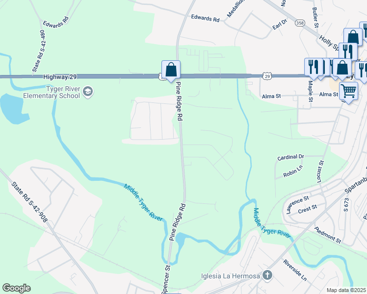 map of restaurants, bars, coffee shops, grocery stores, and more near 412 Pine Ridge Road in Duncan