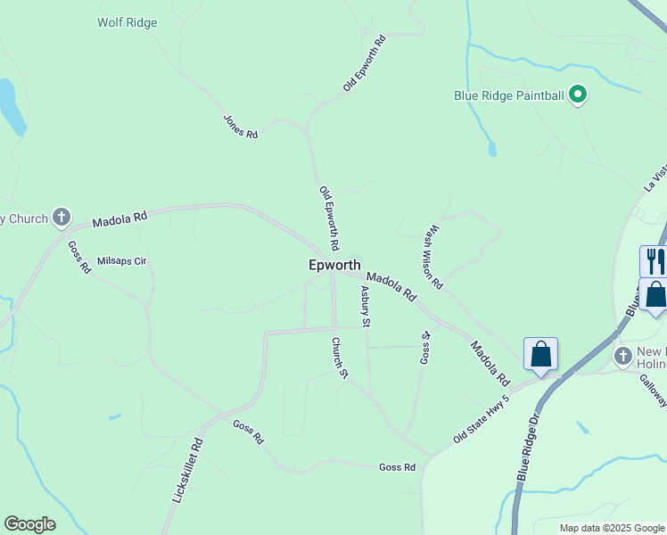 map of restaurants, bars, coffee shops, grocery stores, and more near 610 Madola Road in Epworth