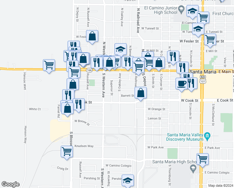 map of restaurants, bars, coffee shops, grocery stores, and more near 313 South Oakley Avenue in Santa Maria
