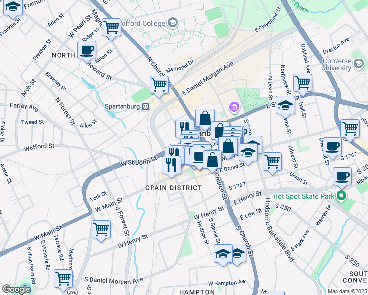 map of restaurants, bars, coffee shops, grocery stores, and more near 131-199 North Spring Street in Spartanburg