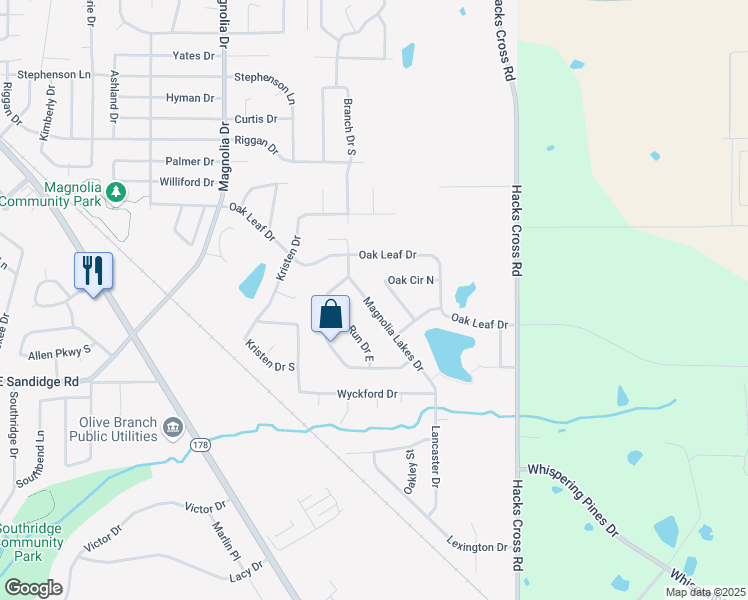 map of restaurants, bars, coffee shops, grocery stores, and more near 6270 Magnolia Lakes Drive in Olive Branch