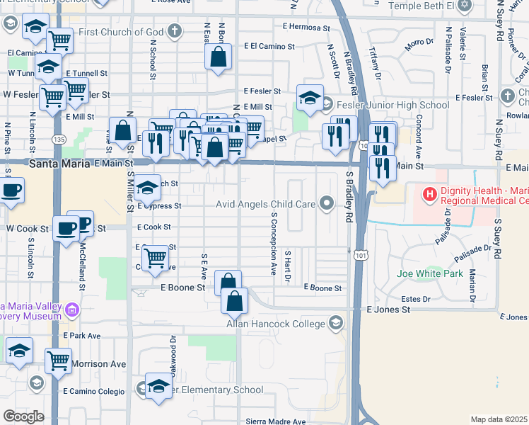 map of restaurants, bars, coffee shops, grocery stores, and more near 837 East Cook Street in Santa Maria
