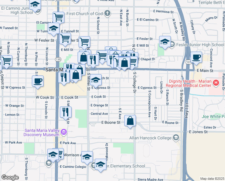 map of restaurants, bars, coffee shops, grocery stores, and more near 623 East Cook Street in Santa Maria