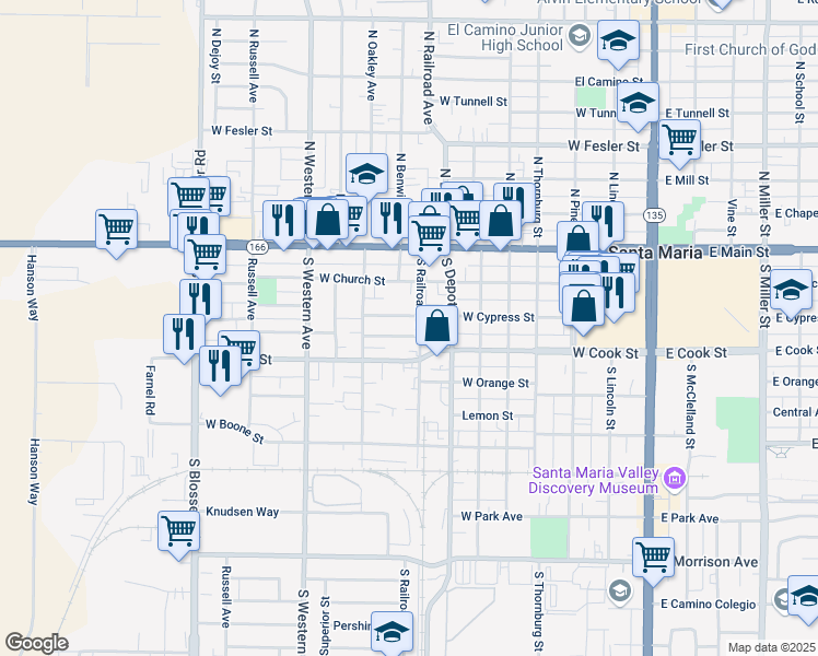 map of restaurants, bars, coffee shops, grocery stores, and more near 808 Barrett Street in Santa Maria