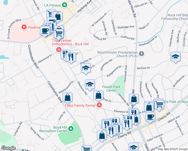 map of restaurants, bars, coffee shops, grocery stores, and more near 156 Sedgewood Drive in Rock Hill