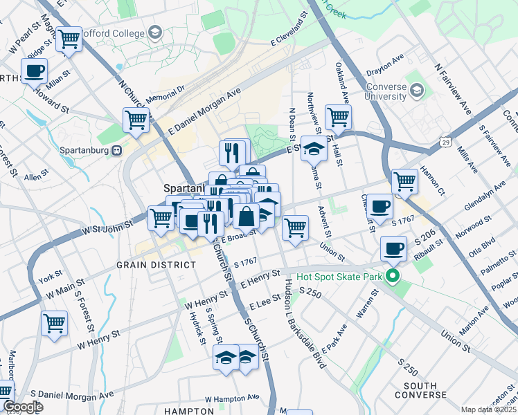 map of restaurants, bars, coffee shops, grocery stores, and more near in Spartanburg