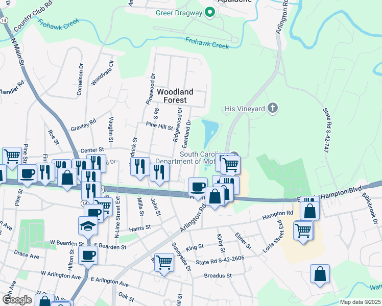 map of restaurants, bars, coffee shops, grocery stores, and more near 112 Lakeview Drive in Greer
