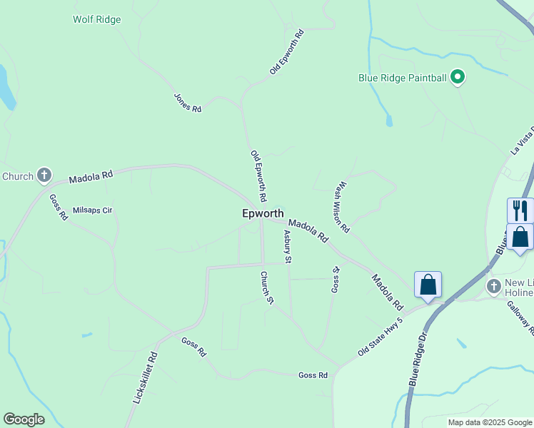 map of restaurants, bars, coffee shops, grocery stores, and more near 610 Madola Road in Epworth