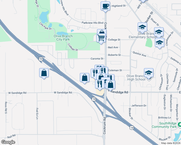 map of restaurants, bars, coffee shops, grocery stores, and more near 8850 Mid South Drive in Olive Branch