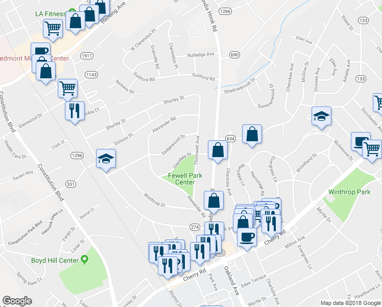 map of restaurants, bars, coffee shops, grocery stores, and more near 672 Glendale Drive in Rock Hill
