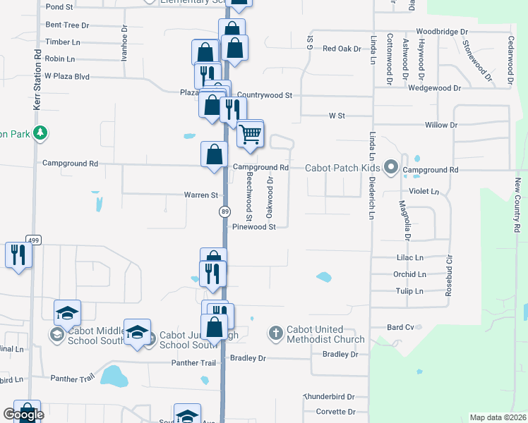 map of restaurants, bars, coffee shops, grocery stores, and more near 28 Oakwood Drive in Cabot