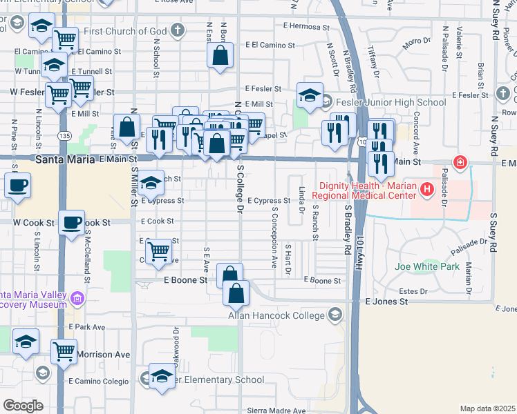 map of restaurants, bars, coffee shops, grocery stores, and more near 837 East Cook Street in Santa Maria