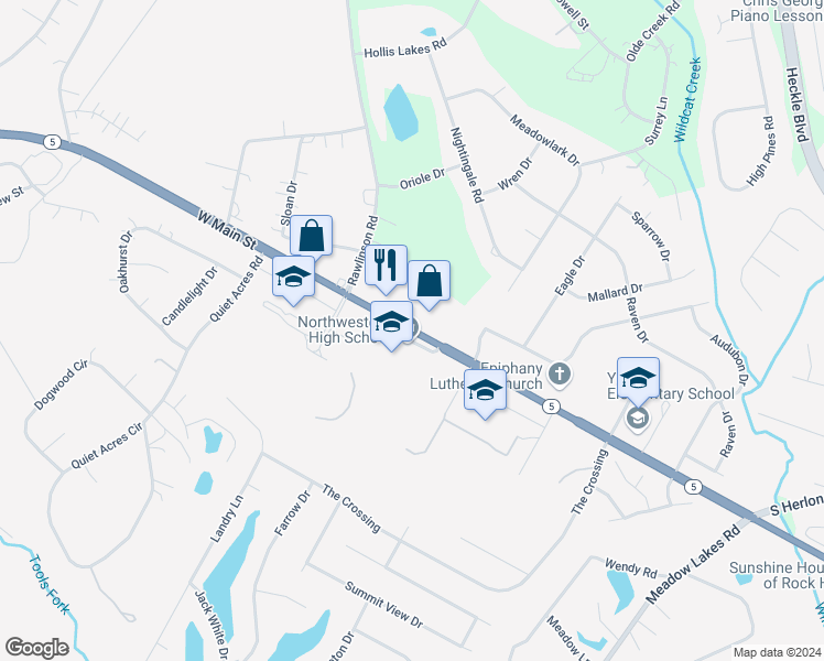 map of restaurants, bars, coffee shops, grocery stores, and more near 2548 West Main Street in Rock Hill