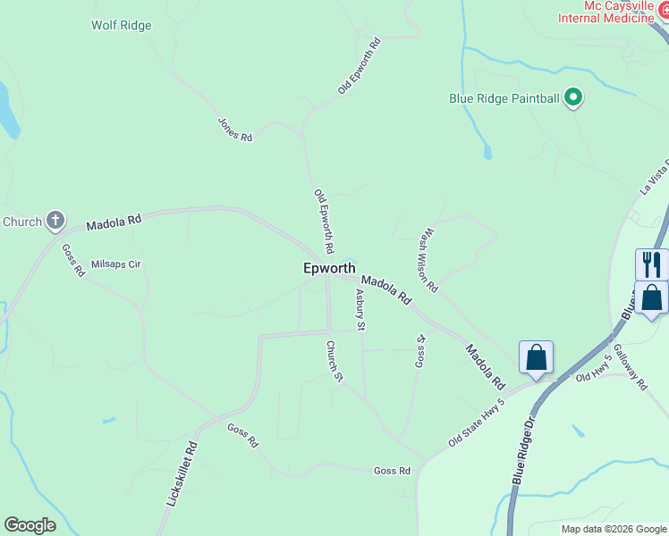 map of restaurants, bars, coffee shops, grocery stores, and more near 610 Madola Road in Epworth