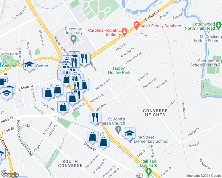 map of restaurants, bars, coffee shops, grocery stores, and more near 253 Mills Avenue in Spartanburg