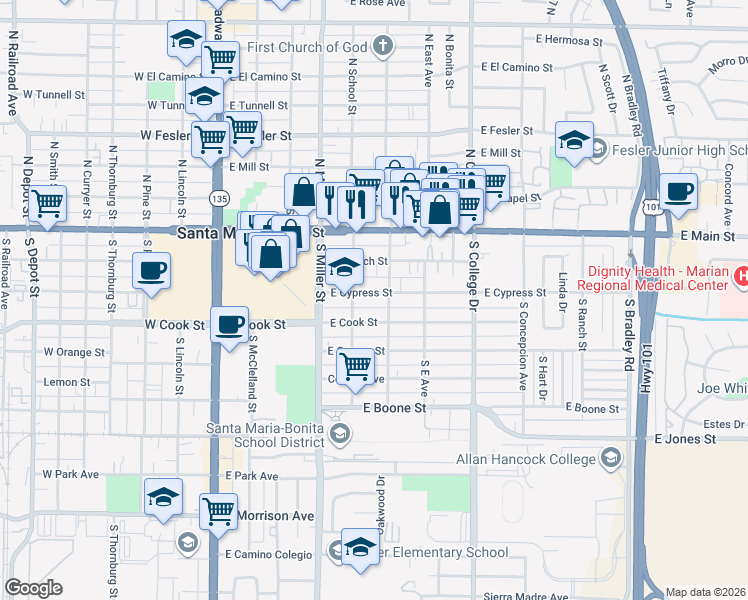 map of restaurants, bars, coffee shops, grocery stores, and more near 521 East Cook Street in Santa Maria