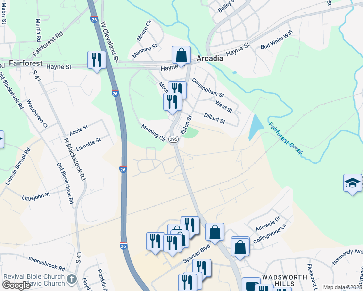 map of restaurants, bars, coffee shops, grocery stores, and more near 105 Bellew Carver Road in Spartanburg