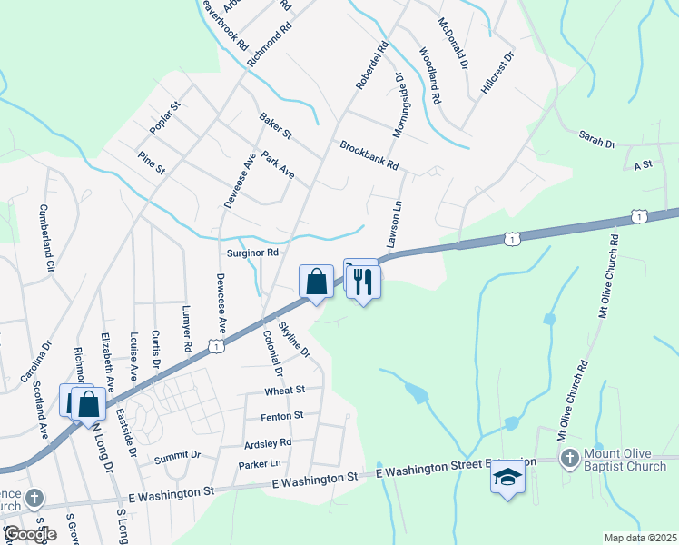 map of restaurants, bars, coffee shops, grocery stores, and more near 2123 Fayetteville Road in Rockingham