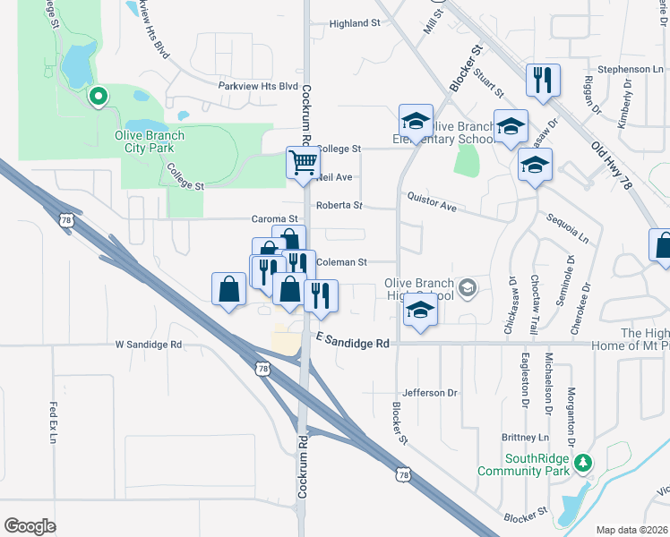 map of restaurants, bars, coffee shops, grocery stores, and more near 9092 Shadow Oaks Lane in Olive Branch
